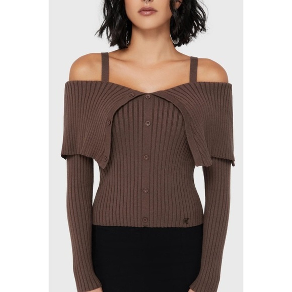 Killstar Brown Ribbed Off Shoulder Button Up Cardigan Top Long Sleeve‎ Strappy